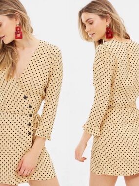 FAITHFULL THE BRAND Polka Dot Wrap Mini Dress - Cream with Black Dots